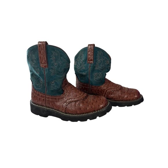 Ariat Fatbaby Ostrich Print Western Boots 9.5 B Brown & Teal Leather - Picture 2 of 13